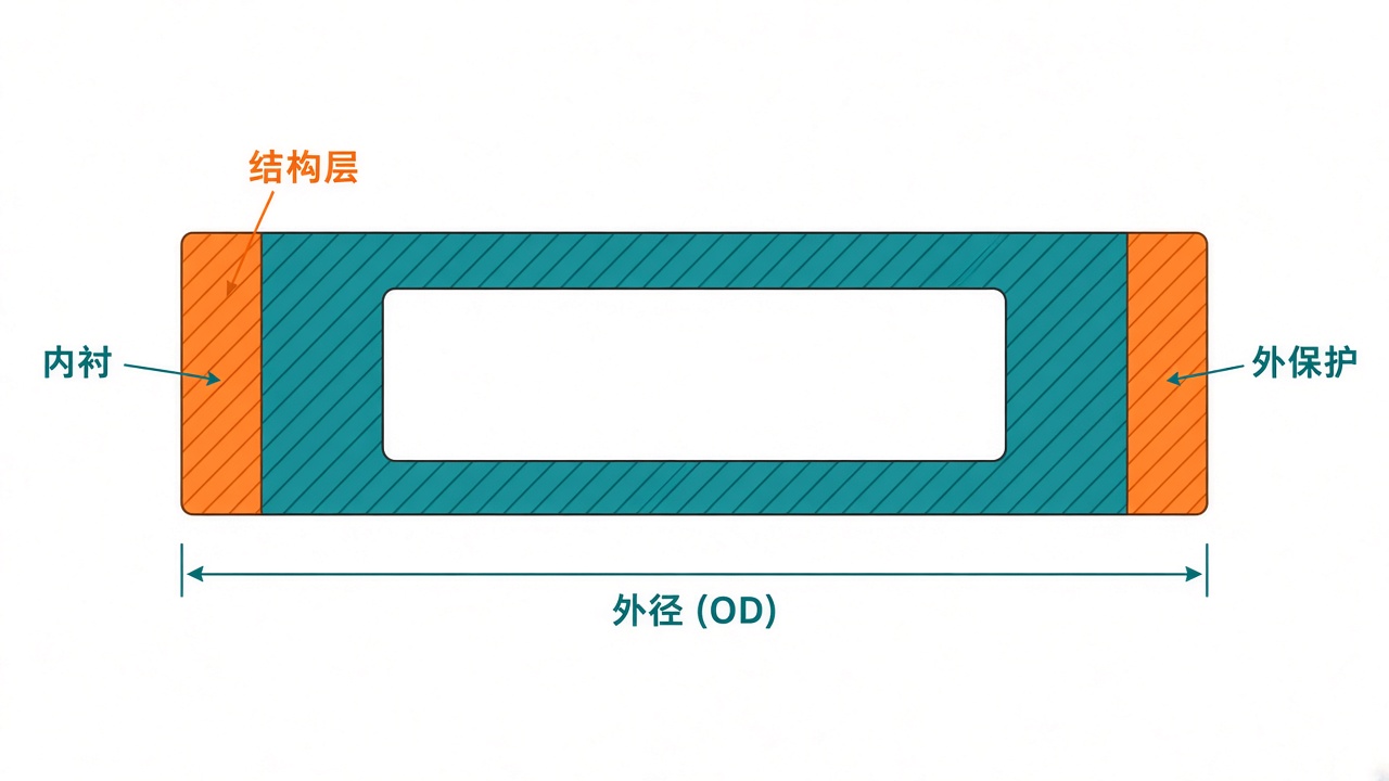 High-pressure fiberglass pipe layer schematic (liner / structural layer / outer protection). Schematic only — not acceptance criteria or a method table.