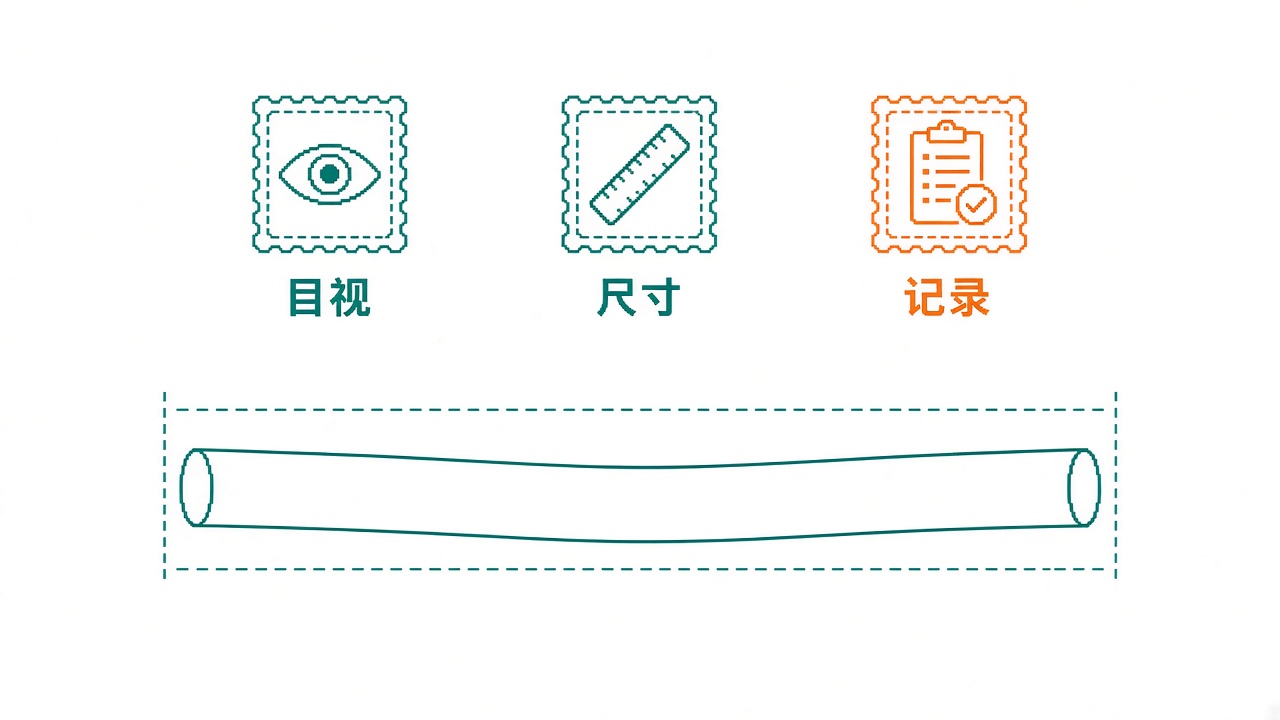 现场接头检查维度（目视/尺寸/记录）示意；示意图，不是合格判据、不是方法表。