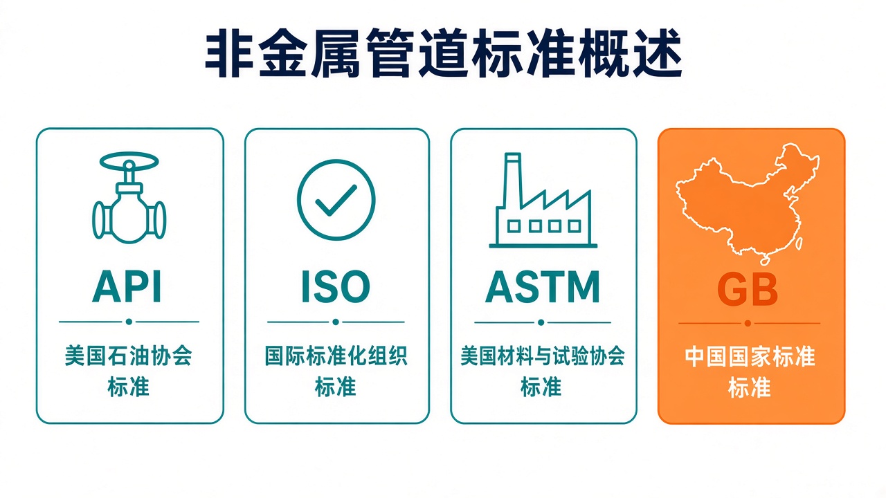 مخطط علاقة منظومة معايير خطوط الأنابيب غير المعدنية (API / ISO / ASTM / GB). رسم توضيحي — ليس معيار قبول وليس جدول طرق.