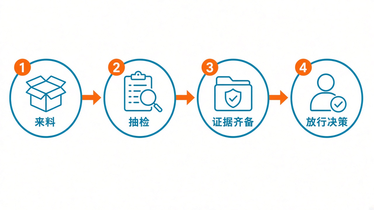 采购方来料—抽检—放行流程示意；示意图，不是合格判据、不是方法表。